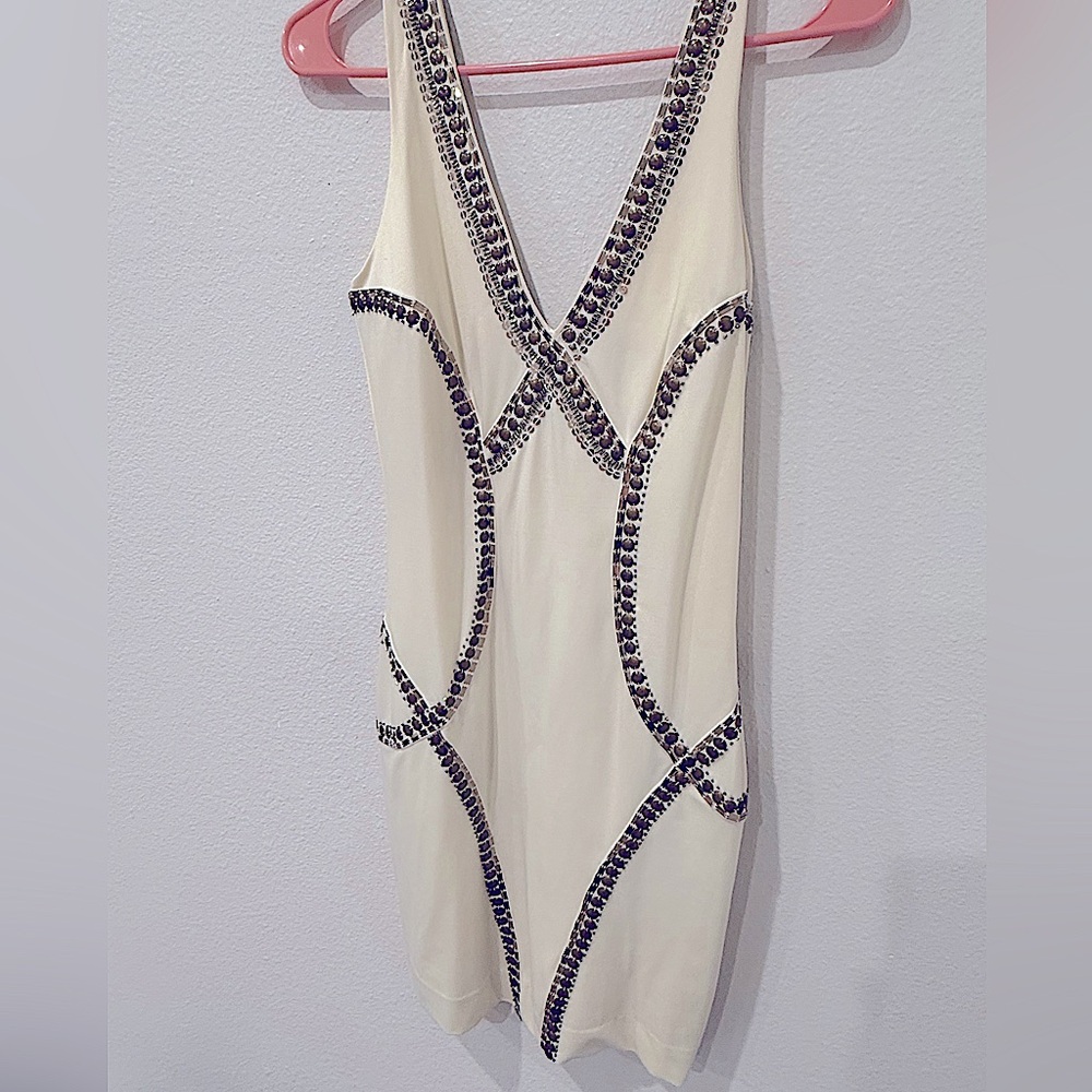 Bebe Cream Color Bodycon Mini Dress, Gold Studded Embellishments
